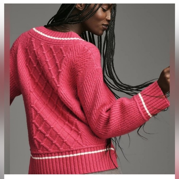 Anthropologie Maeve Sweater The Tillie V-Neck Cable Knit Pullover in Berry Pink - Picture 4 of 14